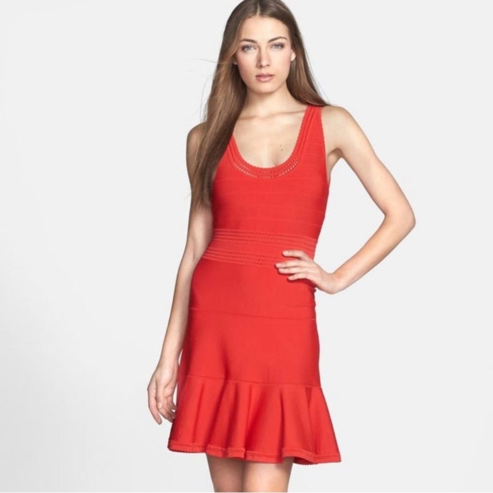 Diane Von Furstenberg Red Sleeveless Ribbed Peplum Dress